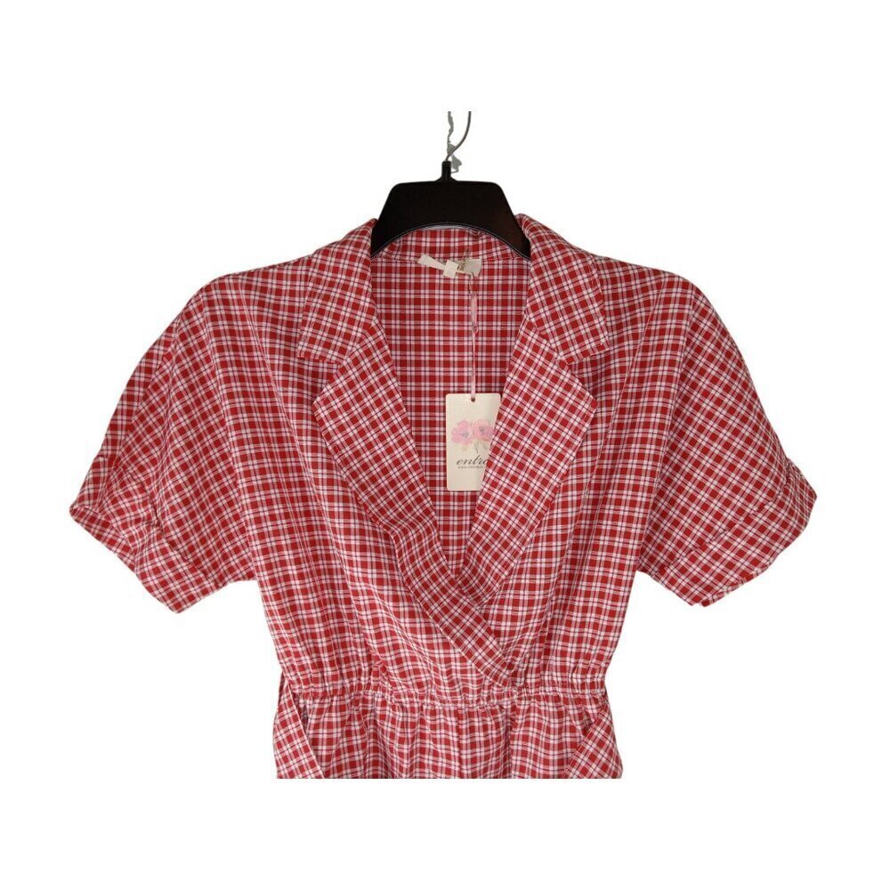 Entro Womens Romper Red Short Sleeve Surplice V-NECK Plaid Belted Woven S NWT - Picture 3 of 14